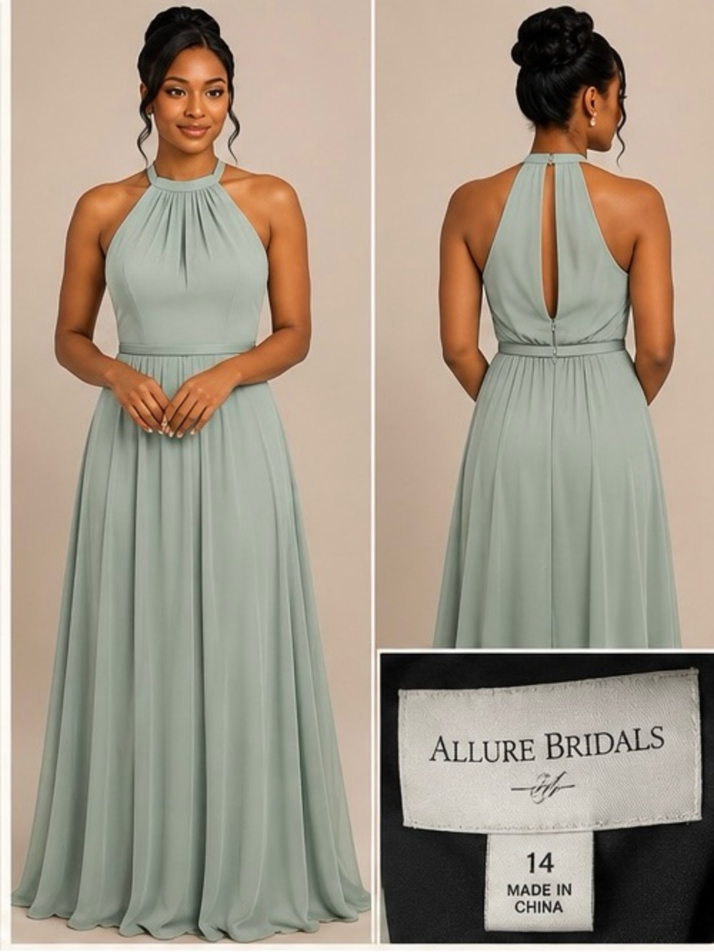 Allure Bridals Sage Green Halter Neck Formal Maxi Dress Size 14